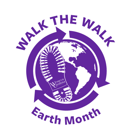 "Walk the Walk" Earth Month logo depticting a globe with a shoe and the Western Carolina University logo
