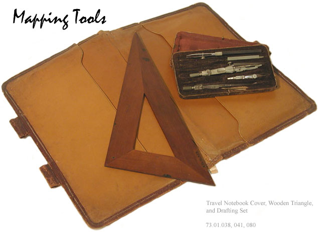 Travel notebook cover, wooden triangle, and drafting set.