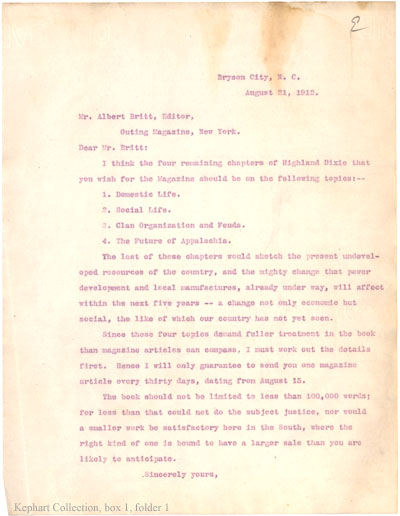 Kephart to Albert Britt, August 21, 1912.
