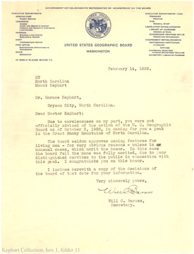 Will. C Barnes to Horace Kephart, February 14, 1929.