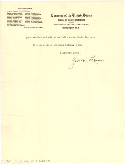 Letter from Congressman Zebulon Weaver to Horace Kpehart, December 19, 1924, page 1.